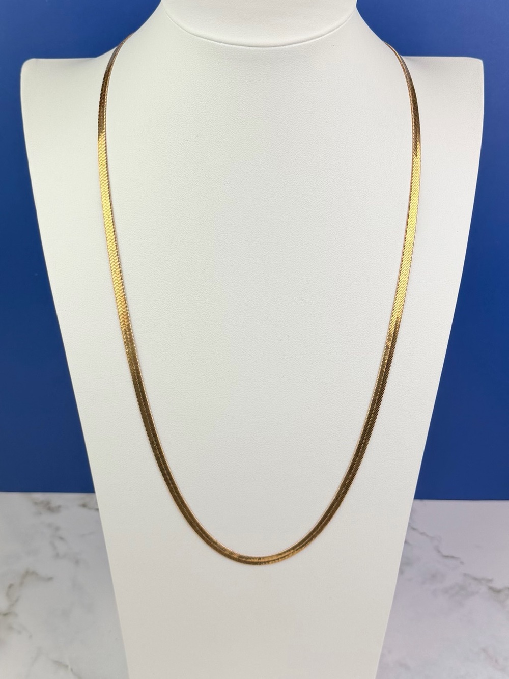 Long Gold Tone Herringbone Necklace • Flat Omega Style Chain with Extender